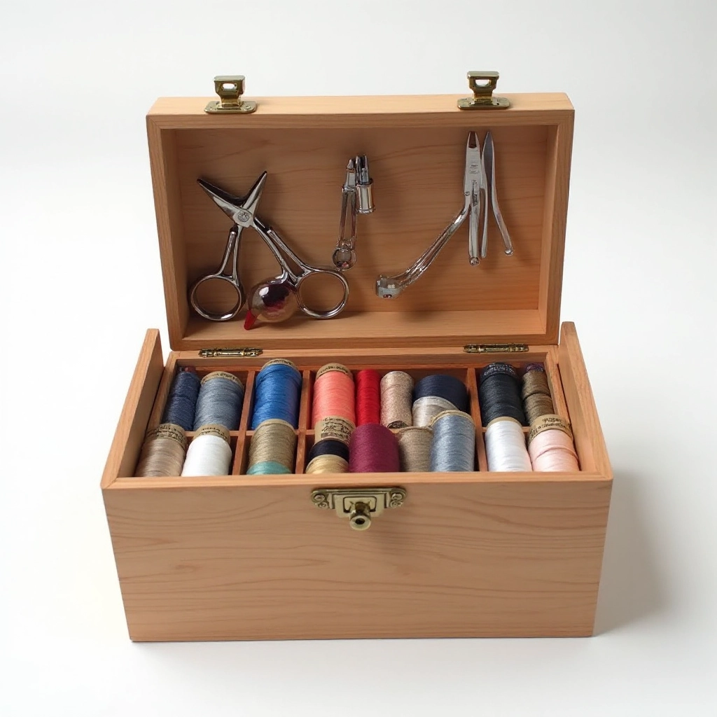 Deluxe sewing kit with wooden storage box open, displaying precision fabric scissors, spools of thread in various colors, needles, and textile tools arranged in compartments