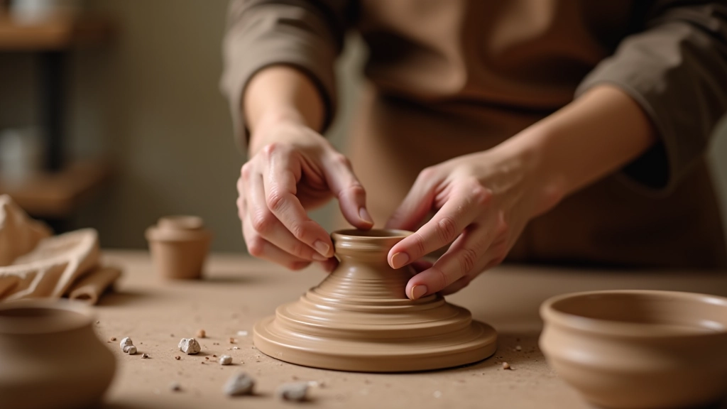 Detail of hands working with clay materials