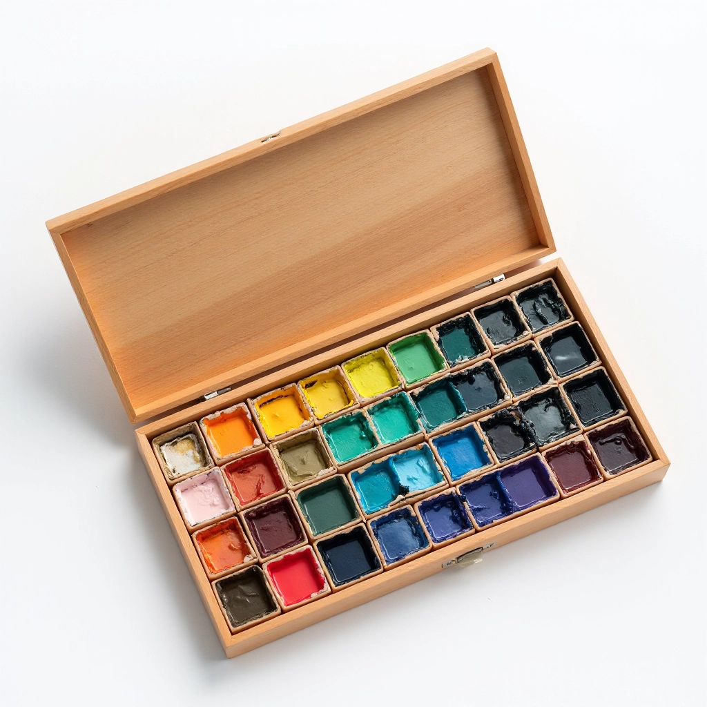 Professional watercolor palette with 36 vibrant pigments in wooden palette with metal hinges